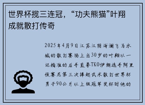 世界杯揽三连冠,“功夫熊猫”叶翔成就散打传奇